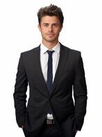 Ai Generative happy business man in a suit white background photo