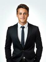 Ai Generative happy business man in a suit white background photo