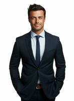Ai Generative happy business man in a suit white background photo