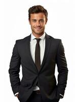 Ai Generative happy business man in a suit white background photo