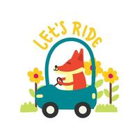 Cute fox driving a car, hand drawn illustration for for fabric, textile and print vector