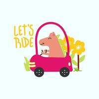 Cute horse driving a car, hand drawn illustration for for fabric, textile and print vector