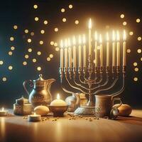 AI Generative Religion image of jewish holiday Hanukkah background with menorah traditional candelabra and candles photo