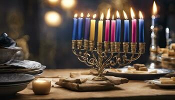 AI Generative Religion image of jewish holiday Hanukkah background with menorah traditional candelabra and candles photo