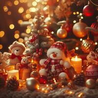 AI Generative Christmas decoration with burning candles, gingerbread house, Christmas tree and bokeh background. photo