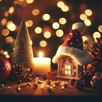 AI Generative Christmas decoration with burning candles, gingerbread house, Christmas tree and bokeh background. photo