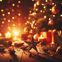 AI Generative Christmas decoration with burning candles, gingerbread house, Christmas tree and bokeh background. photo