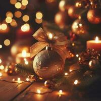 AI Generative Christmas decoration with burning candles, gingerbread house, Christmas tree and bokeh background. photo