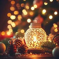 AI Generative Christmas decoration with burning candles, gingerbread house, Christmas tree and bokeh background. photo