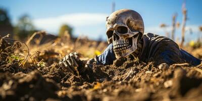 A skeleton lay on the spooky ground. Skeleton like death by Generative AI photo