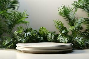 3D render of white background with tropical leaves and podiums, 8k by Generative AI photo