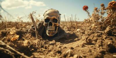 A skeleton lay on the spooky ground. Skeleton like death by Generative AI photo