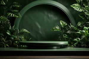 3D render of green background with tropical leaves and podiums, 8k by Generative AI photo