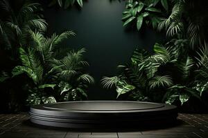 3D render of black background with tropical leaves and podiums, 8k by Generative AI photo