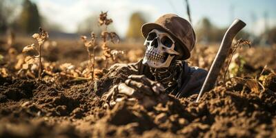 A skeleton lay on the spooky ground. Skeleton like death by Generative AI photo