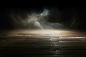 Empty Wooden Floor with Smoke Floating Up on Dark Background. AI Generative photo