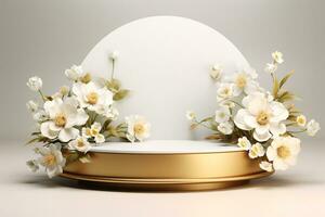 3D White and Gold Podium with white Flowers and Leaves. AI Generative photo