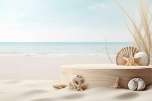 Empty Round Beige Platform Podium with Sea Shells and Starfish on White Beach Sand Background. AI Generative photo