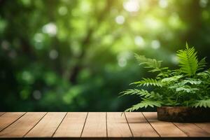 Empty Wooden Tabletop Podium in Garden Open Forest with Blurred Green Plants Background for Organic Product Presentation. AI Generative photo
