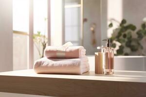 Podium Product Display Towel Blurred Bathroom Background. AI Generative photo