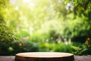 Empty Wooden Tabletop Podium in Garden Open Forest with Blurred Green Plants Background for Organic Product Presentation. AI Generative photo