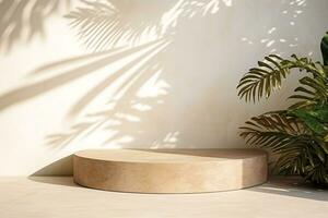Beige Podium Product Display Presentation with Sandstone and Plants. AI Generative photo