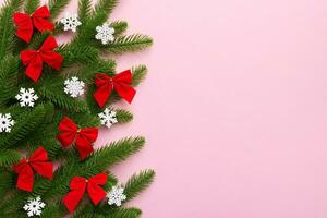 Christmas background with fir branches and Christmas decor. Top view, copy space for text photo