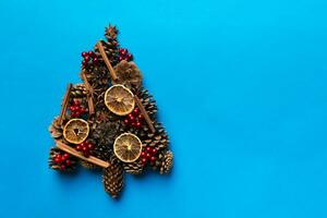 Christmas tree made from natural cones on colored background, view from above. New Year minimal concept with copy space photo
