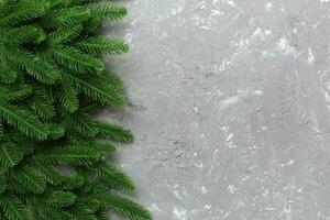 Christmas holiday background with copy space for advertising text. Fir branches on color background . Flat lay, top view photo