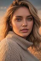 AI generated Portrait of a beautiful young woman in a beige sweater at sunset photo