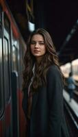 AI generated beautiful young woman in gray coat looking at camera while standing at train station photo