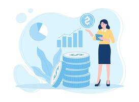 A business woman is analyzing the results of the annual financial report concept flat illustration vector