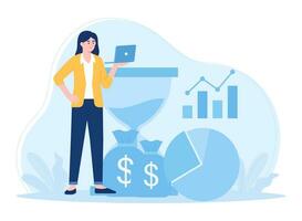 A business woman is analyzing the results of the annual financial report concept flat illustration vector