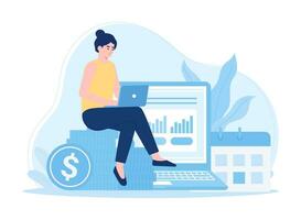 un negocio mujer es analizando el resultados de el anual financiero reporte concepto plano ilustración vector