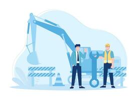 The excavator operator is talking with the contractorThe excavator operator is talking with the contractor concept flat illustration vector