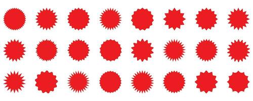 Set of vector red starburst, sunburst badges. Red icons on white background. Simple flat style vintage labels, stickers.