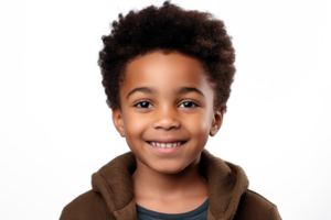 AI generated Happy multiracial boy isolated on white background. Portrait of black boy looking at camera. African american child png