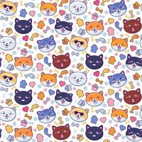 Funny Kitty Pets Muzzles and Food Seamless Pattern vector