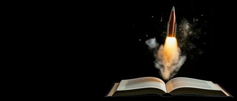 Rocket coming out of open book banner. Generate Ai photo