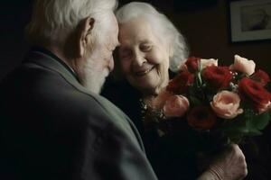 Senior man surprises wife with flowers at holiday. Generate Ai photo