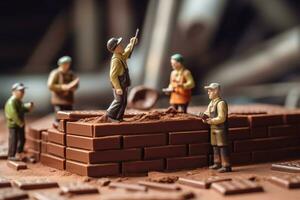 Miniature builders on chocolate bar brick. Generate Ai photo