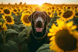 Black Labrador retriever posing in sunny sunflowers field. Generate ai photo