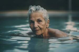 Envejecido mujer nadando piscina vueltas activo movimiento. generar ai foto