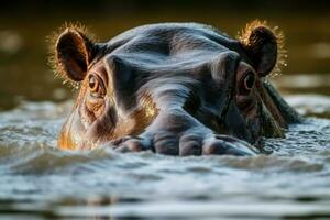 Hippopotamus water closeup morning bath. Generate Ai photo