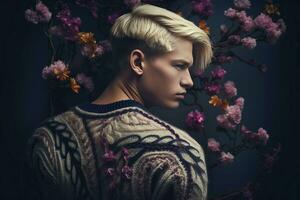 Handsome blonde male posing on floral background. Generate ai photo