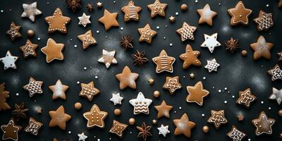 AI generated flat lay, Christmas composition with gingerbread cookies on a dark background with space for text. winter, new year, holidays photo