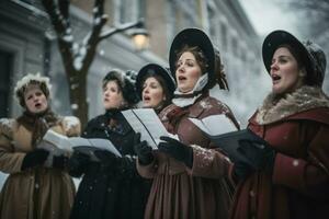 Carolers dressed victorian attire singing. Generate Ai photo