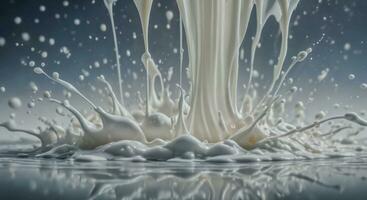 AI generated White milk or cream stream and drops in the air background photo