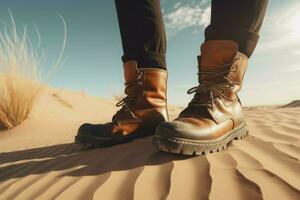 cuero marrón botas en arenoso desierto. generar ai foto