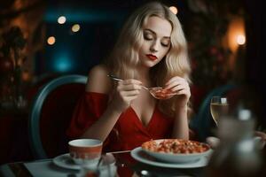 Blonde woman in red dress having dinner in restaurant. Generate ai photo